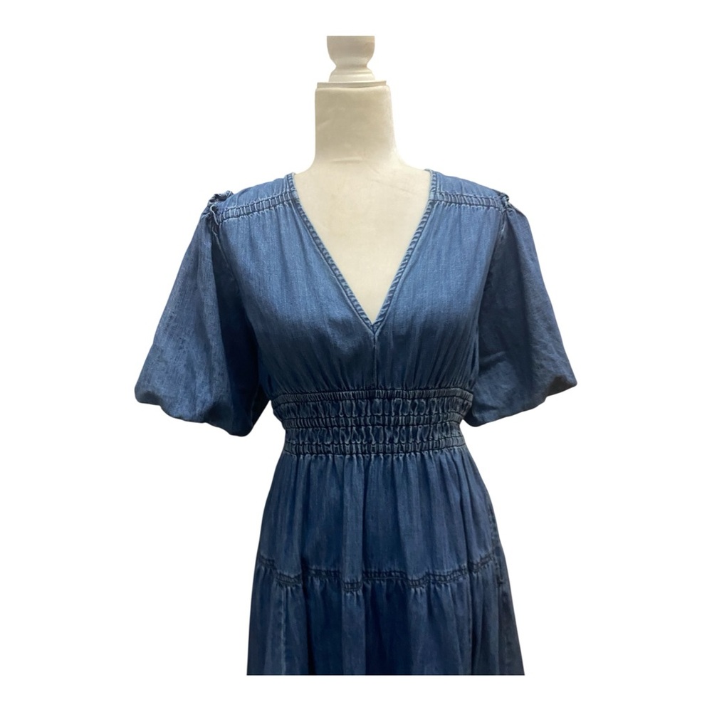 Pilcro Anthropologie Smocked Puff Sleeve Denim Dress Size Small Prairie Blue - Picture 3 of 8